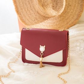 Small Messenger Bag New Sweet And Cute Cat Tassel Decoration Chain One Shoulder Small Square Bag Casual Messenger Bag (Color: Wine Red)